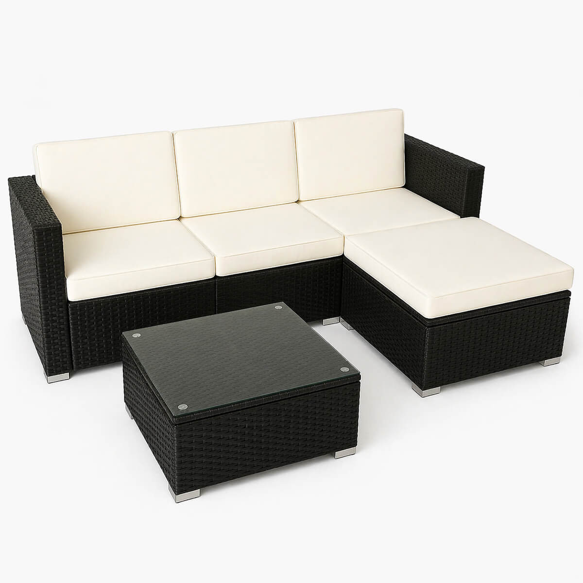 Polyrottinki soffgrupp – 8 cm stoppning, glasbord, stålram, svart/beige