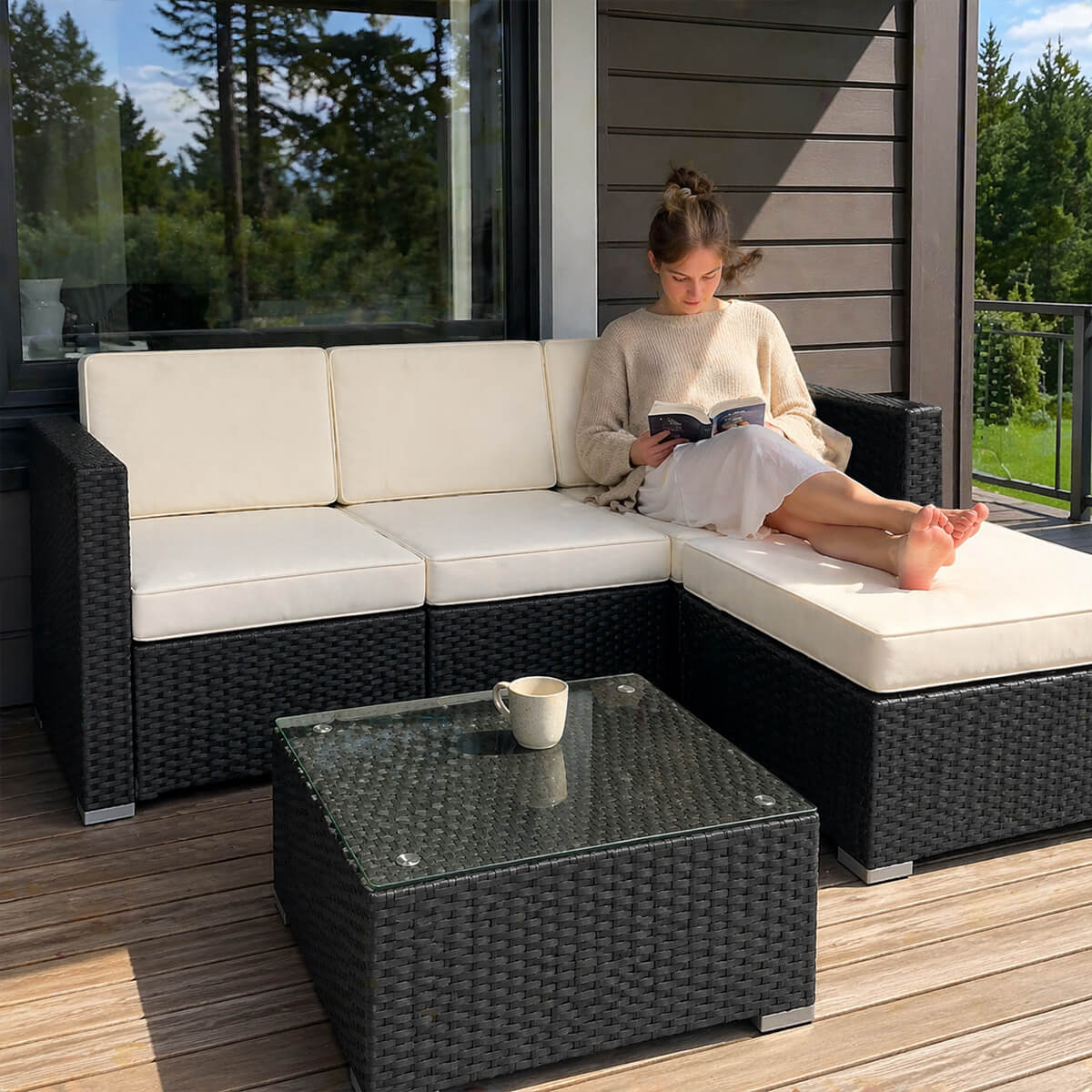 Polyrottinki soffgrupp – 8 cm stoppning, glasbord, stålram, svart/beige