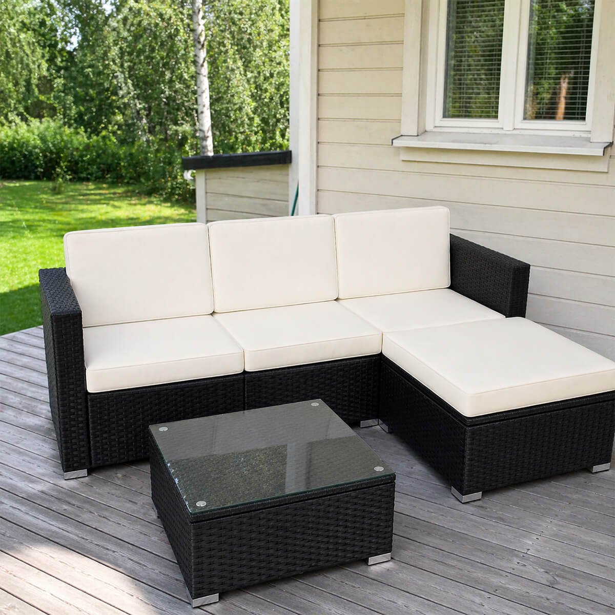 Polyrottinki soffgrupp – 8 cm stoppning, glasbord, stålram, svart/beige