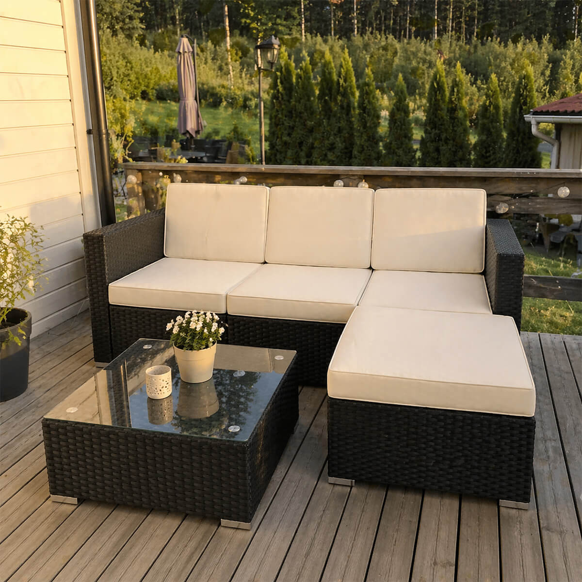 Polyrottinki soffgrupp – 8 cm stoppning, glasbord, stålram, svart/beige