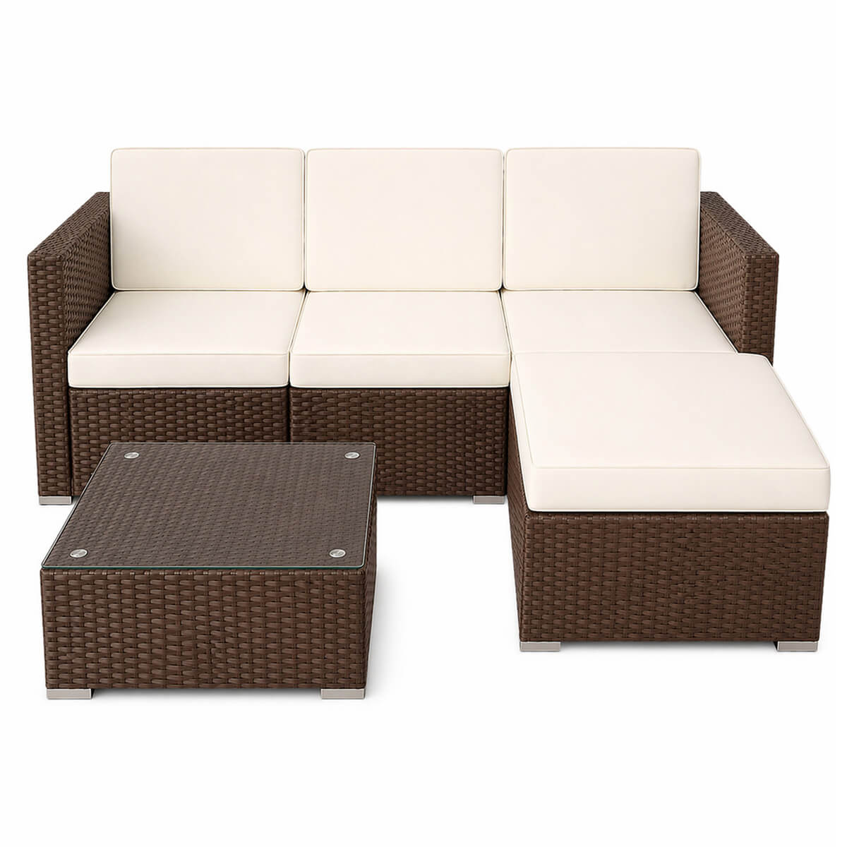 Polyrottinki soffgrupp – 8 cm stoppning, glasbord, stålram, brun/beige
