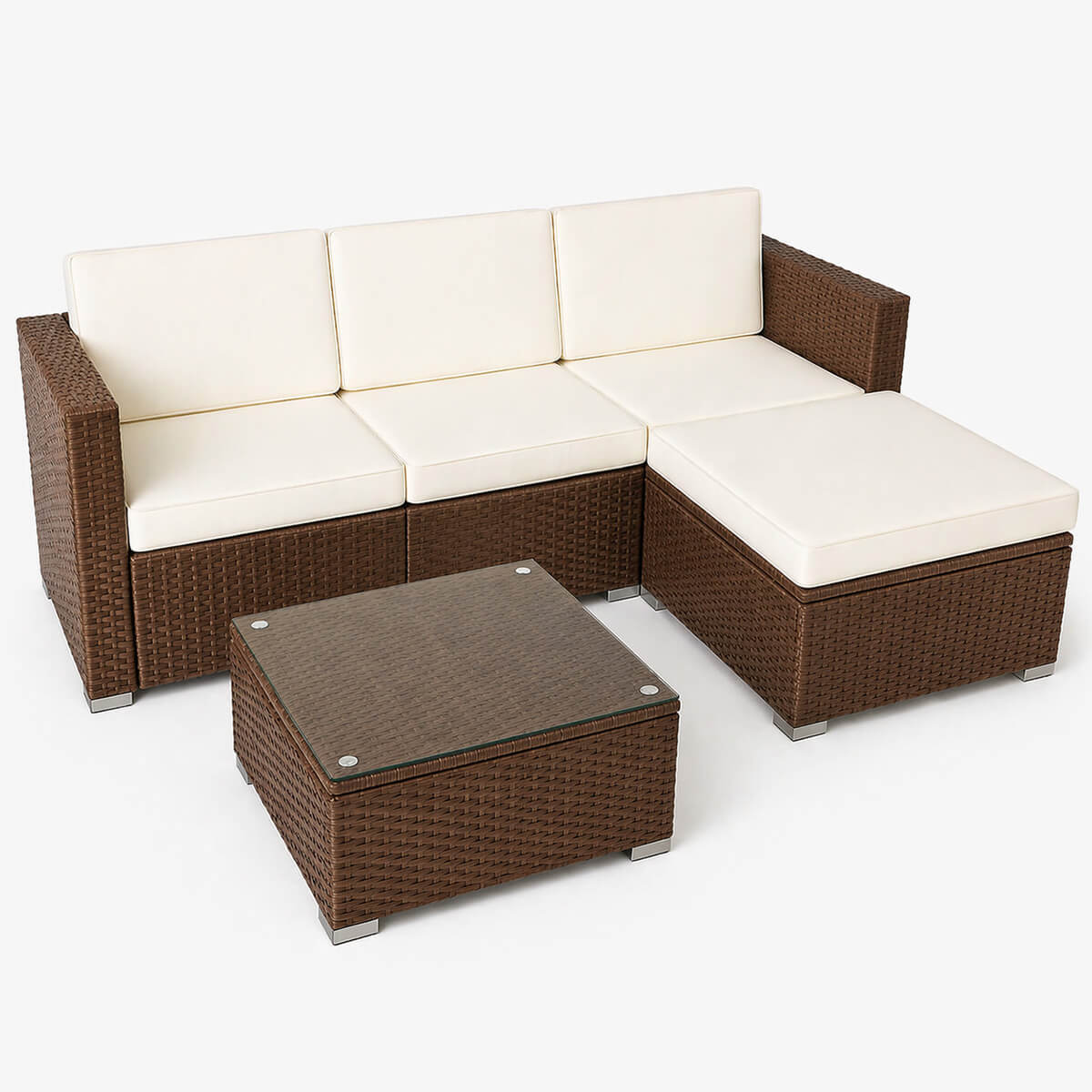 Polyrottinki soffgrupp – 8 cm stoppning, glasbord, stålram, brun/beige