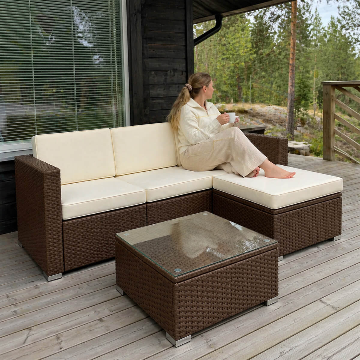 Polyrottinki soffgrupp – 8 cm stoppning, glasbord, stålram, brun/beige