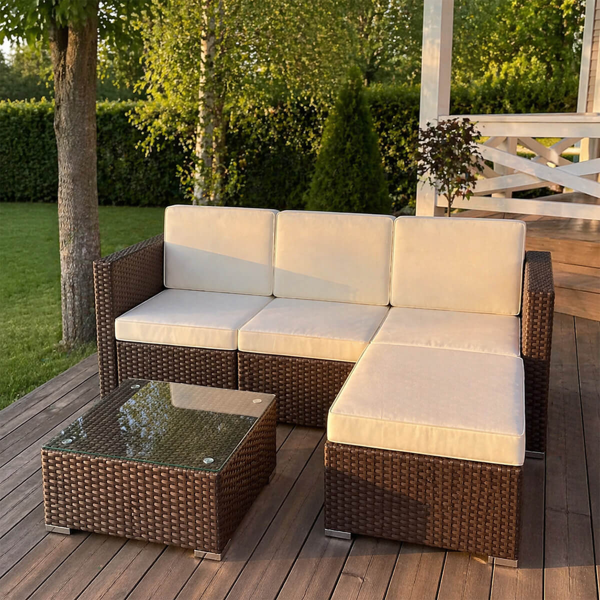 Polyrottinki soffgrupp – 8 cm stoppning, glasbord, stålram, brun/beige