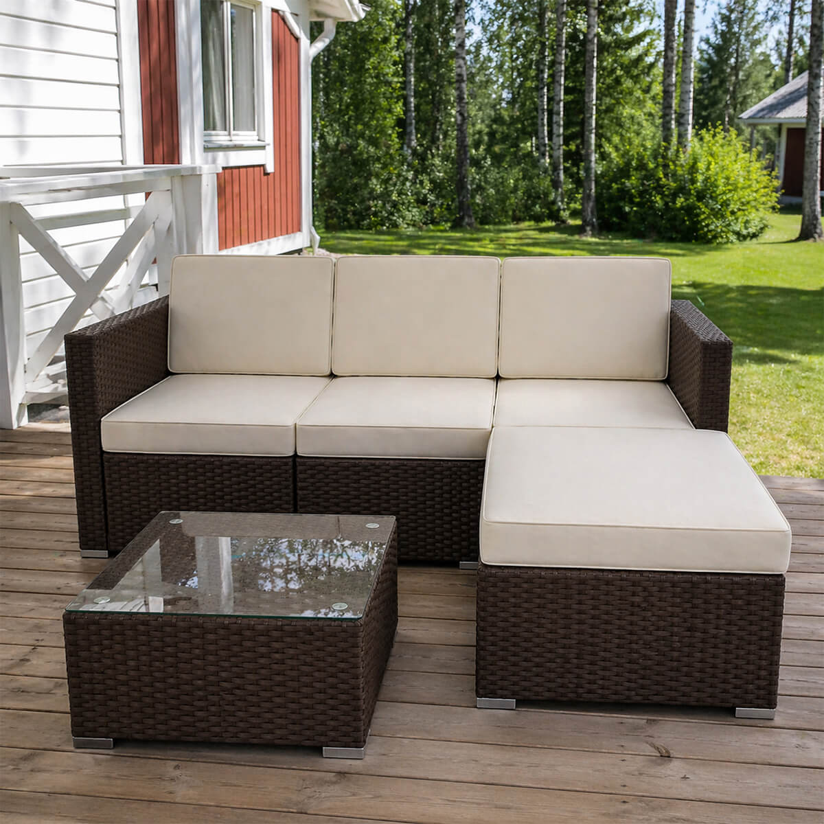 Polyrottinki soffgrupp – 8 cm stoppning, glasbord, stålram, brun/beige
