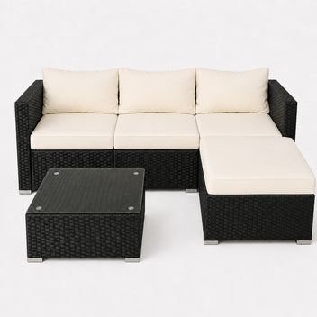 Polyrottinki soffgrupp – 8 cm stoppning, glasbord, stålram, svart/beige