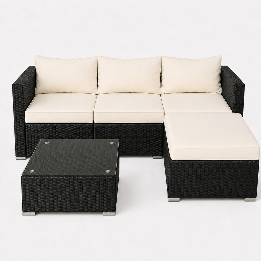 Polyrottinki soffgrupp – 8 cm stoppning, glasbord, stålram, svart/beige