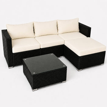 Polyrottinki soffgrupp – 8 cm stoppning, glasbord, stålram, svart/beige