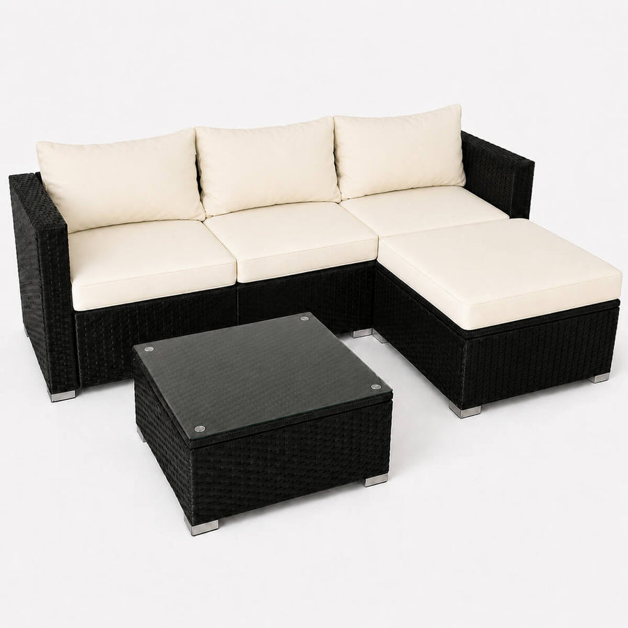 Polyrottinki soffgrupp – 8 cm stoppning, glasbord, stålram, svart/beige