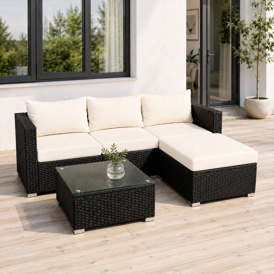 Polyrottinki soffgrupp – 8 cm stoppning, glasbord, stålram, svart/beige