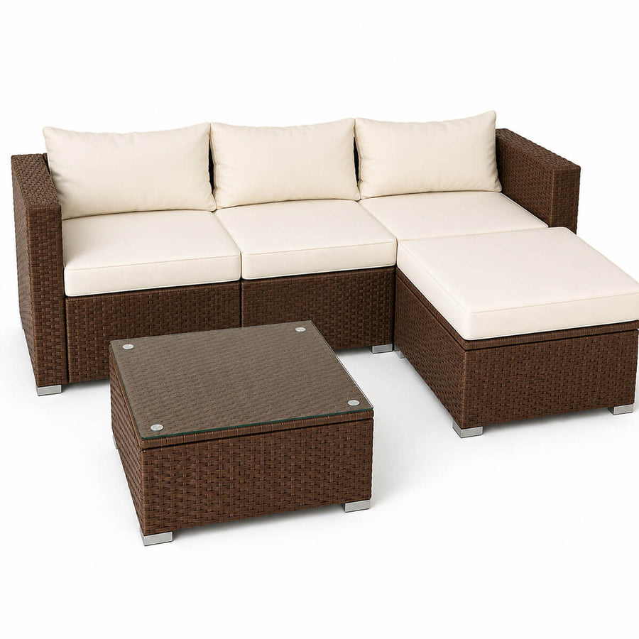 Polyrottinki sohvaryhmä – 8 cm pehmusteet, lasipöytä, teräsrunko, ruskea/beige