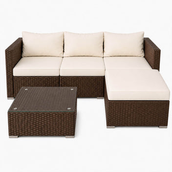 Polyrottinki soffgrupp – 8 cm stoppning, glasbord, stålram, brun/beige