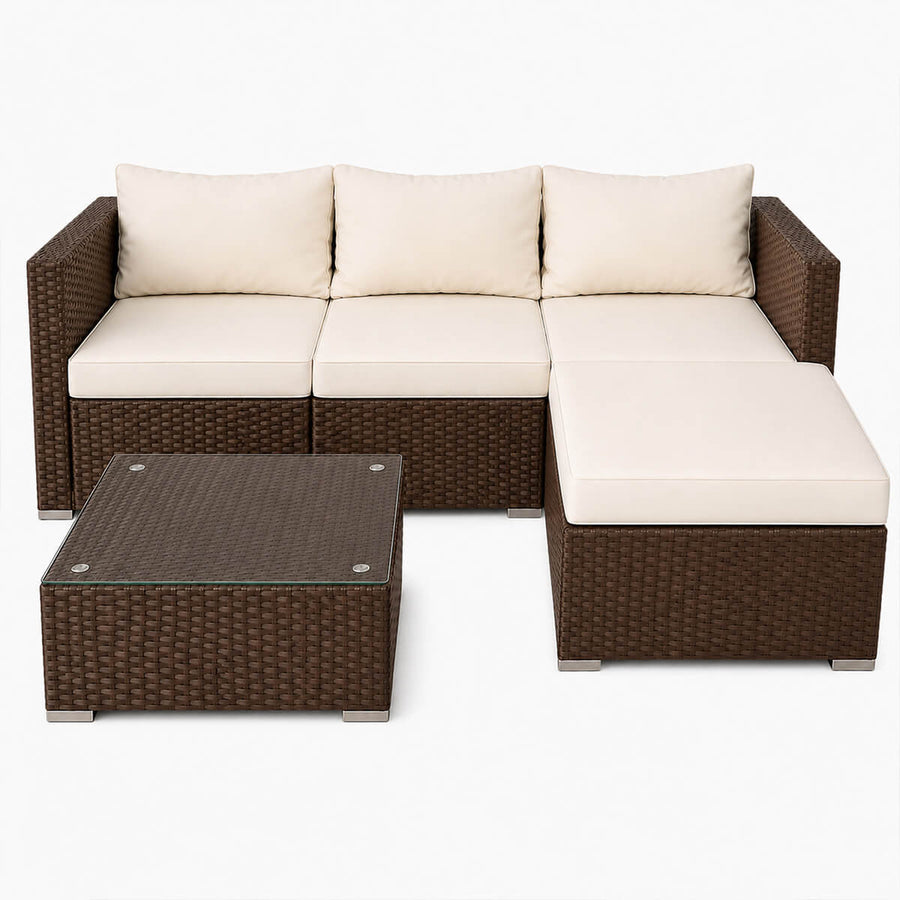 Polyrottinki sohvaryhmä – 8 cm pehmusteet, lasipöytä, teräsrunko, ruskea/beige