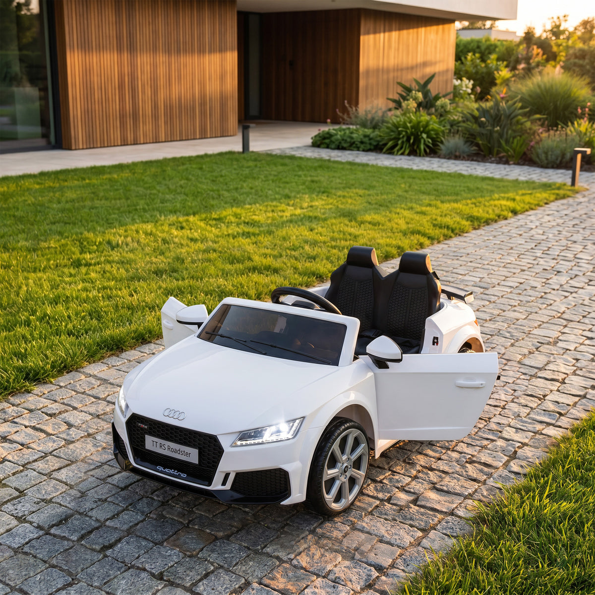 Lasten sähköauto Audi TT RS Roadster, kaukosäädin, musiikki ja LED, 3–5 v, valkoinen