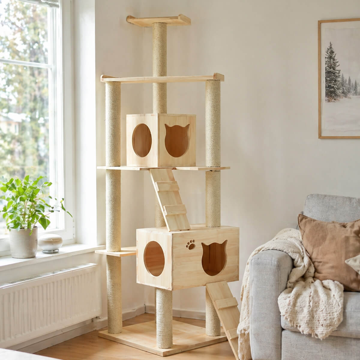 Puinen Kissan Kiipeilypuu 185 cm, 2 pesää ja raapimapylväät