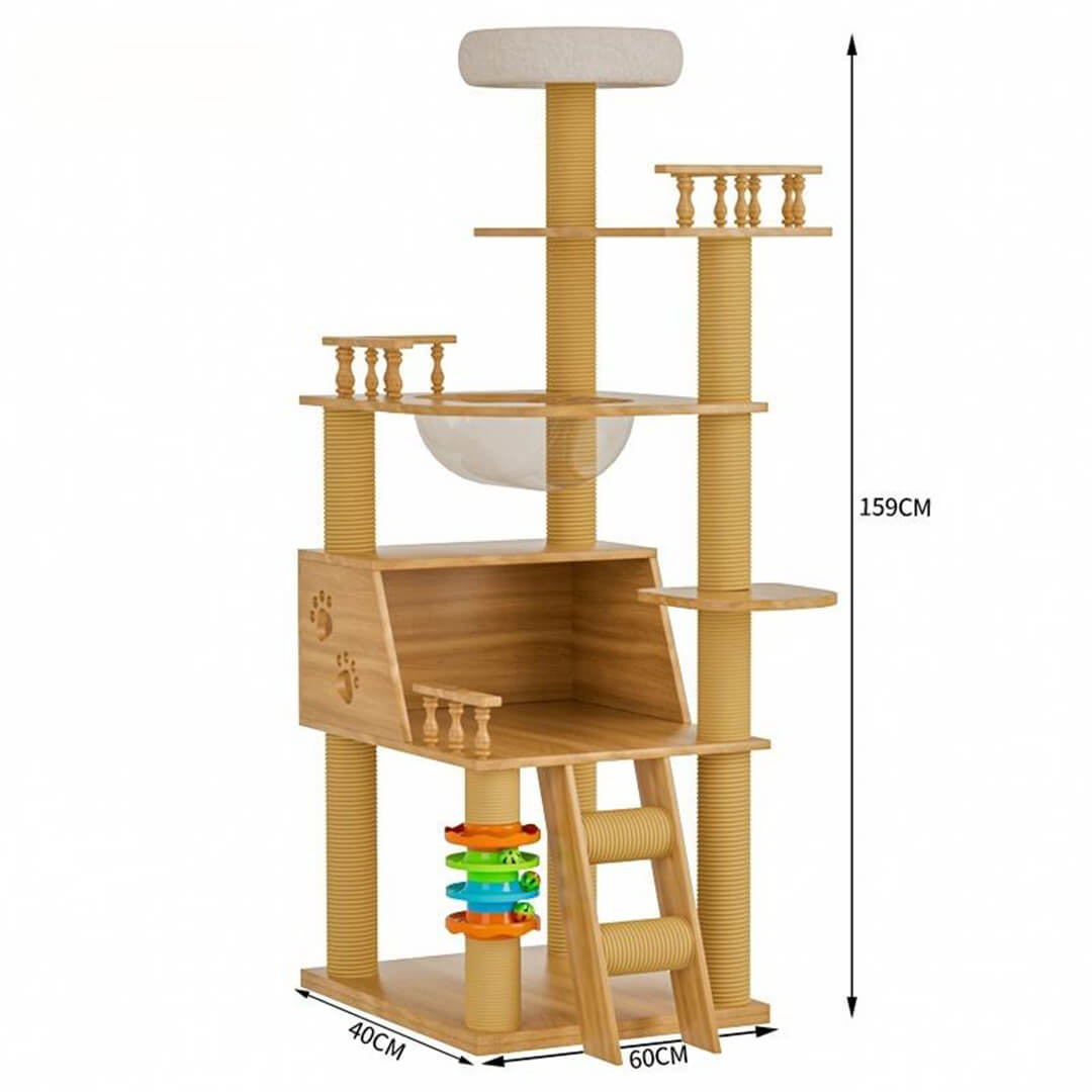 Puinen kissan kiipeilypuu 159 cm, pesä, tasot ja raapimistolpat