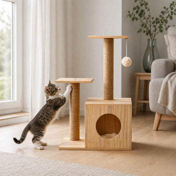 Kattklätterträd i trä 65 cm, med hus och klösstolpar