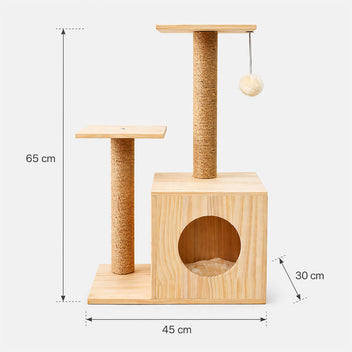 Kattklätterträd i trä 65 cm, med hus och klösstolpar