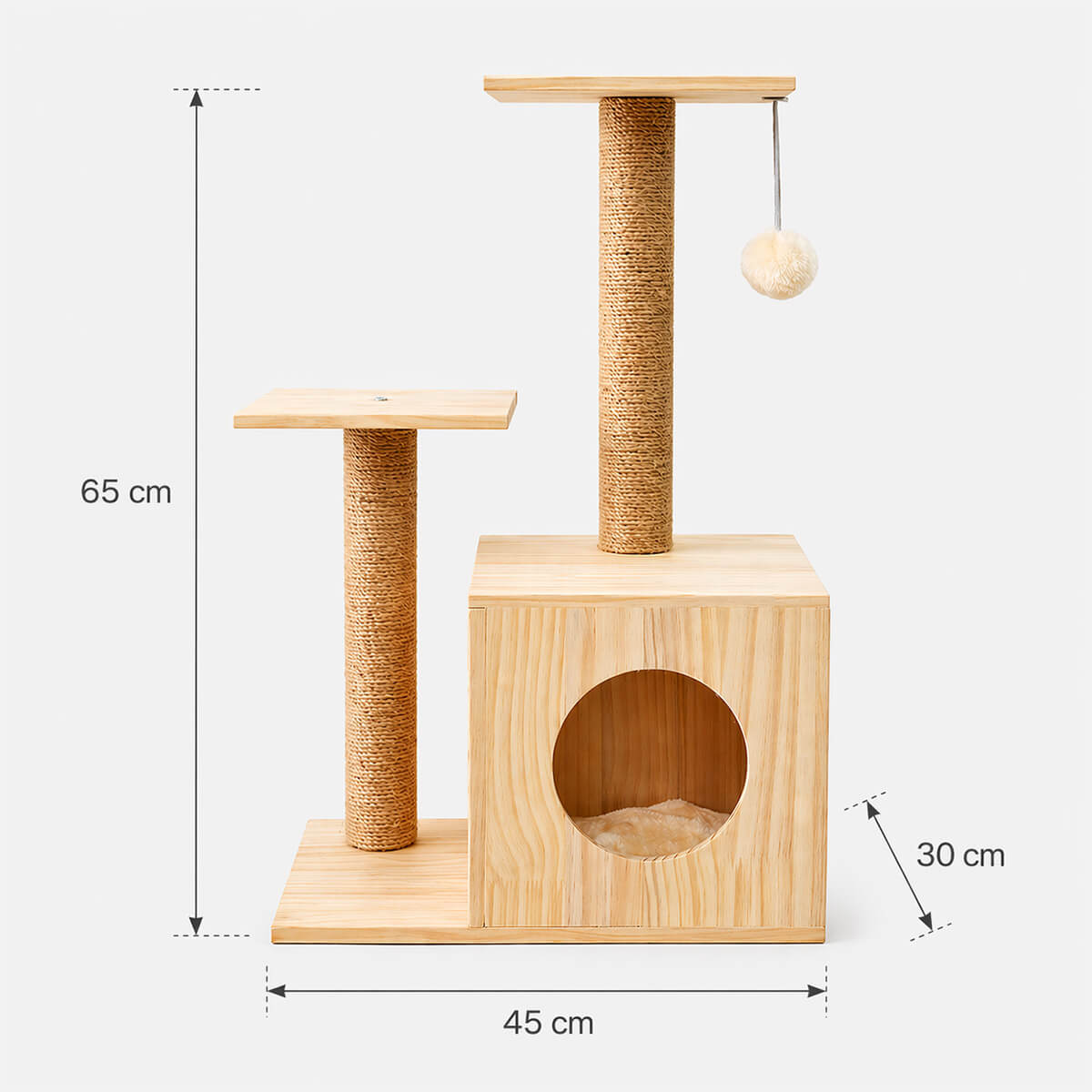 Kattklätterträd i trä 65 cm, med hus och klösstolpar