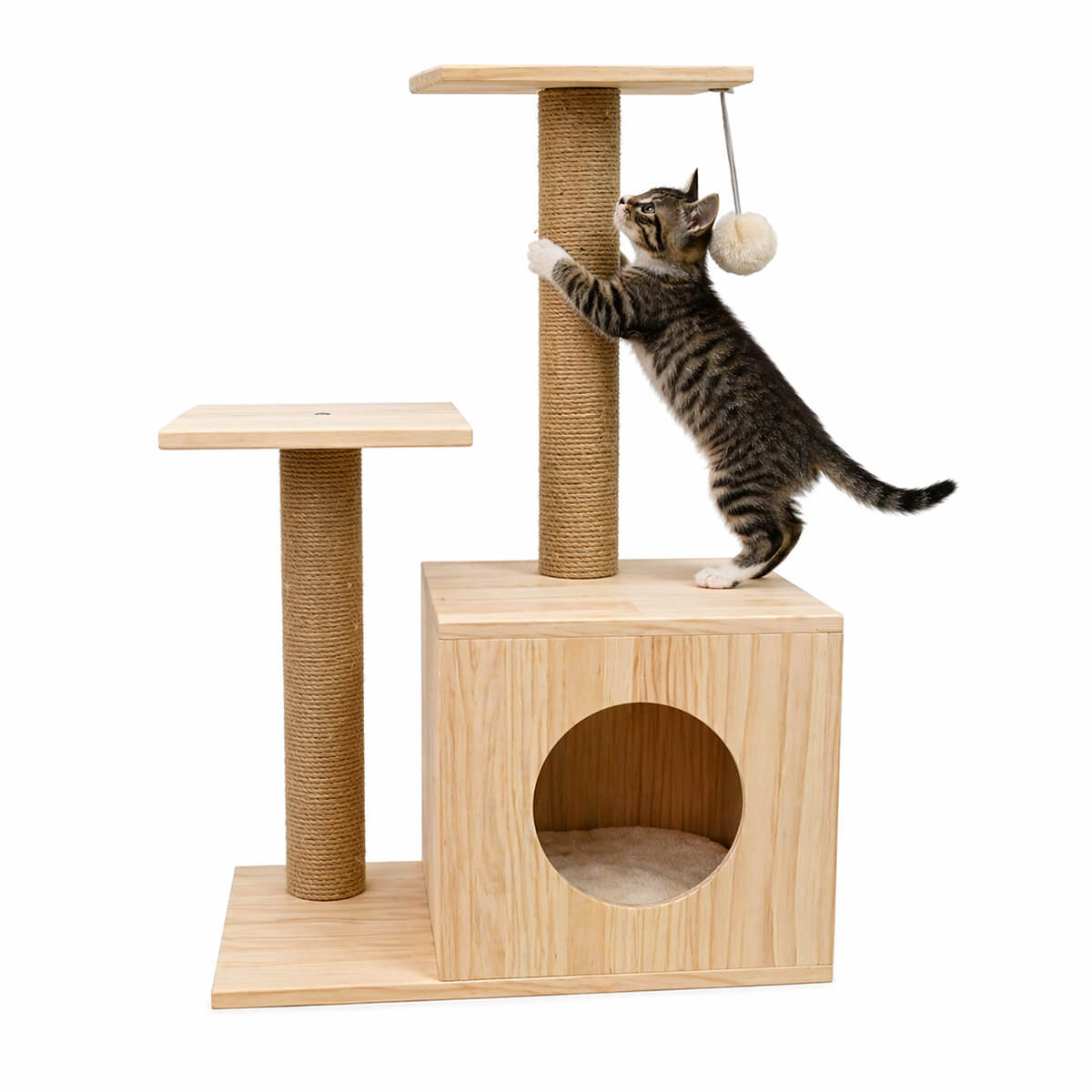 Kattklätterträd i trä 65 cm, med hus och klösstolpar