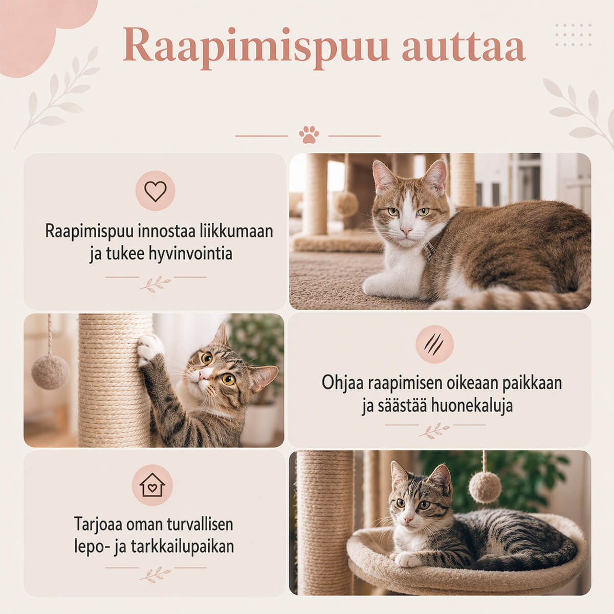 Kattklätterträd i trä 65 cm, med hus och klösstolpar