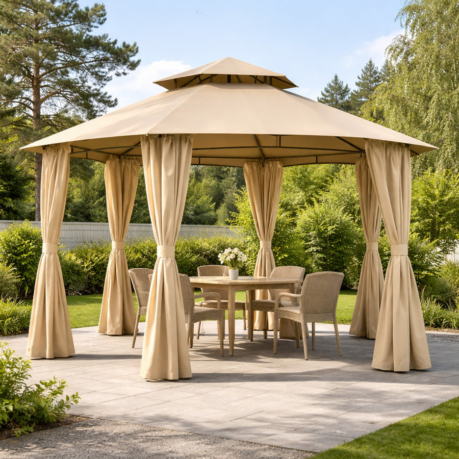 Paviljonki 360 x 360 cm – pyöreä, kaksikerroksinen katto, sivuverhot, beige