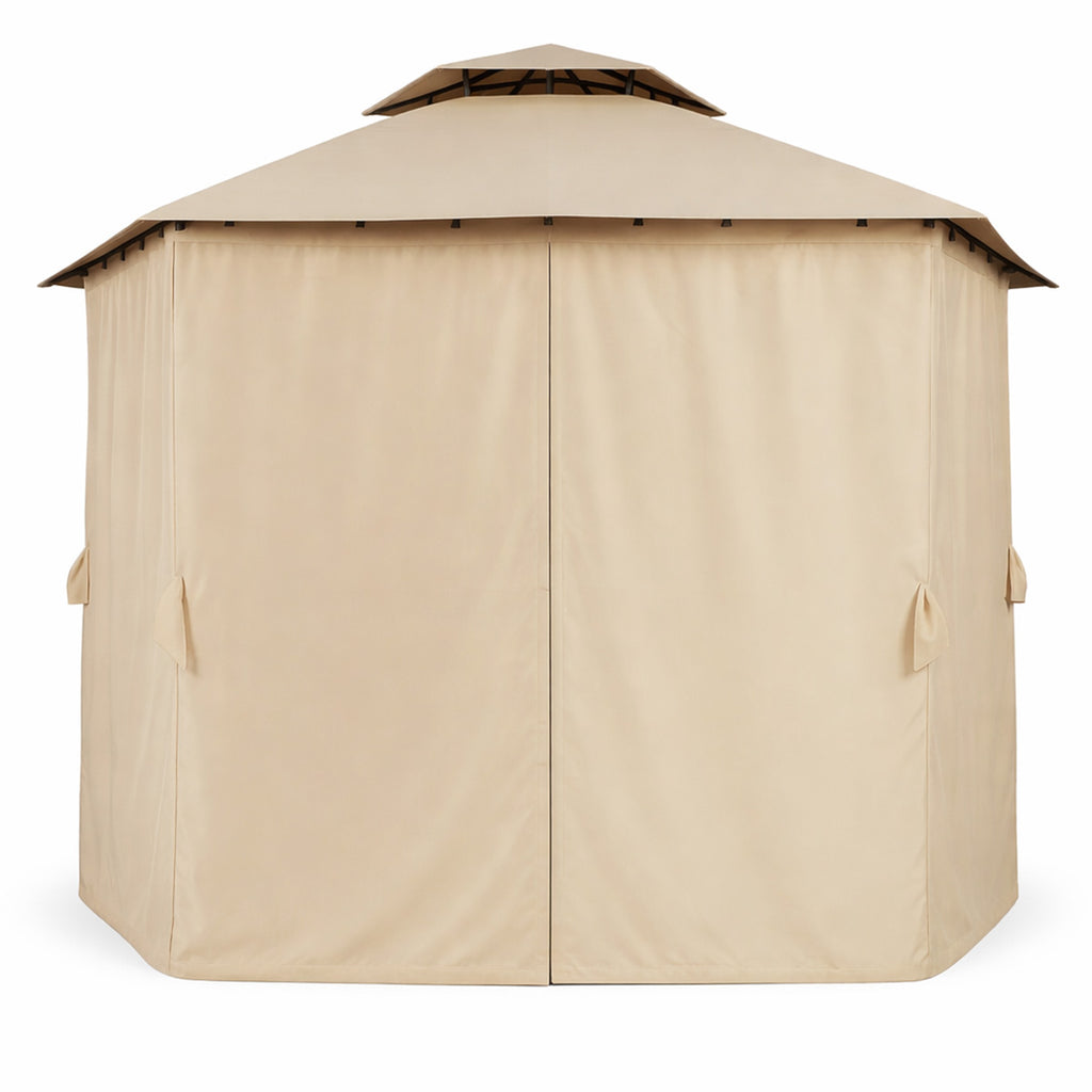 Paviljonki 360 x 360 cm – pyöreä, kaksikerroksinen katto, sivuverhot, beige