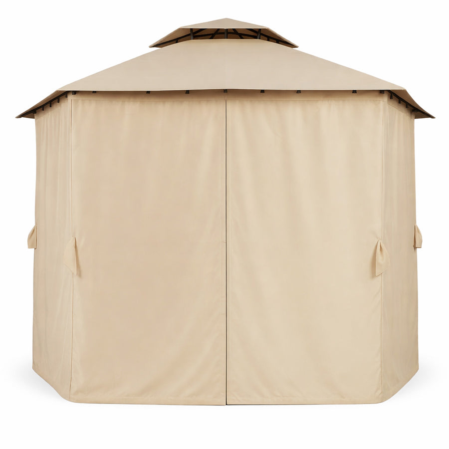 Paviljonki 360 x 360 cm – pyöreä, kaksikerroksinen katto, sivuverhot, beige
