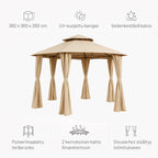 Paviljonki 360 x 360 cm – pyöreä, kaksikerroksinen katto, sivuverhot, beige