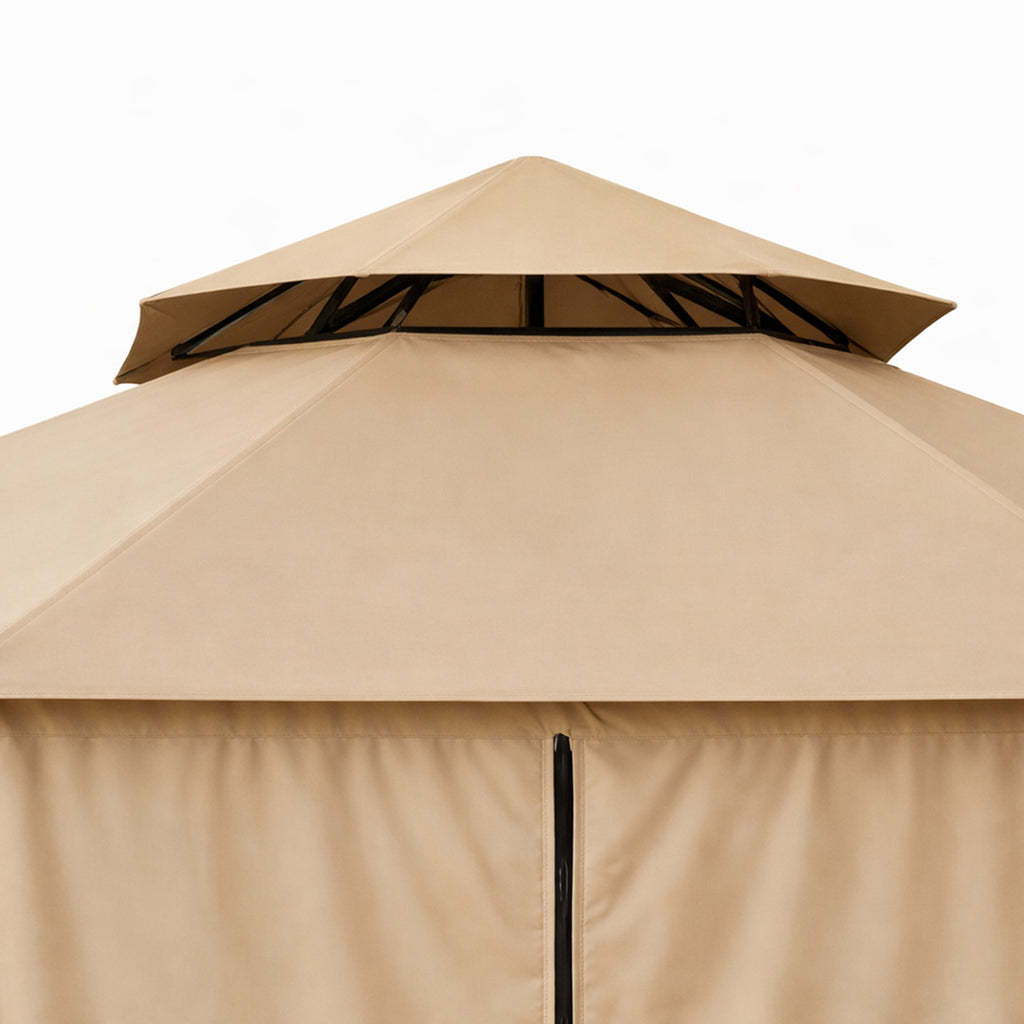 Paviljonki 360 x 360 cm – pyöreä, kaksikerroksinen katto, sivuverhot, beige