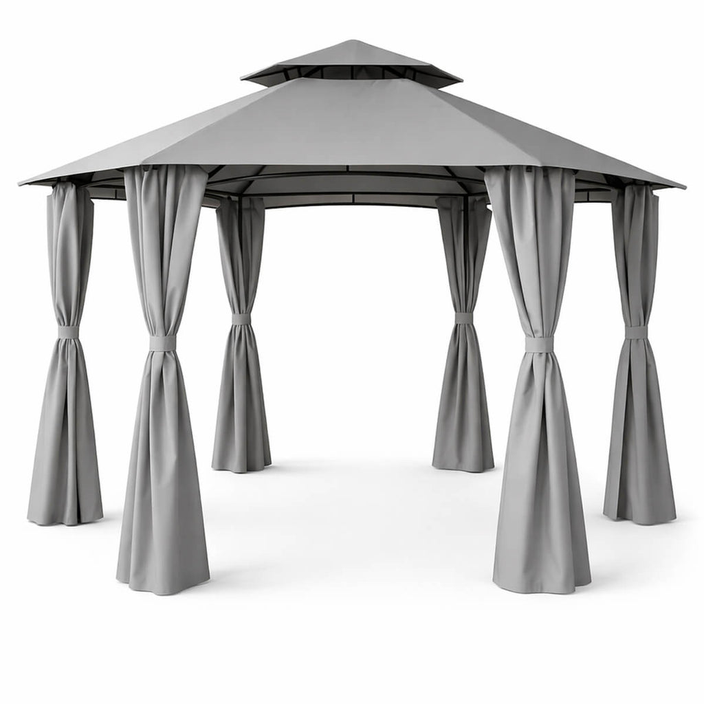Paviljonki 360 x 360 cm – pyöreä, kaksikerroksinen katto, sivuverhot, harmaa