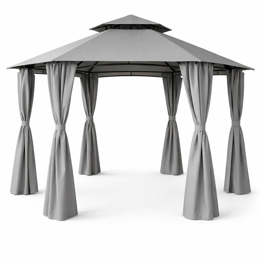 Paviljong 360 x 360 cm – rund, tvåvånings tak, sidogardiner, grå