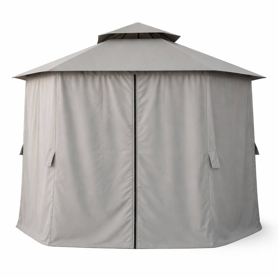 Paviljong 360 x 360 cm – rund, tvåvånings tak, sidogardiner, grå