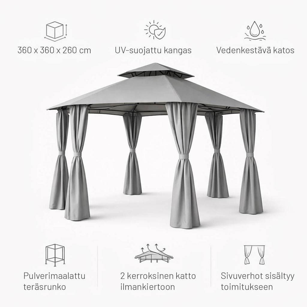 Paviljonki 360 x 360 cm – pyöreä, kaksikerroksinen katto, sivuverhot, harmaa