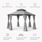 Paviljonki 360 x 360 cm – pyöreä, kaksikerroksinen katto, sivuverhot, harmaa