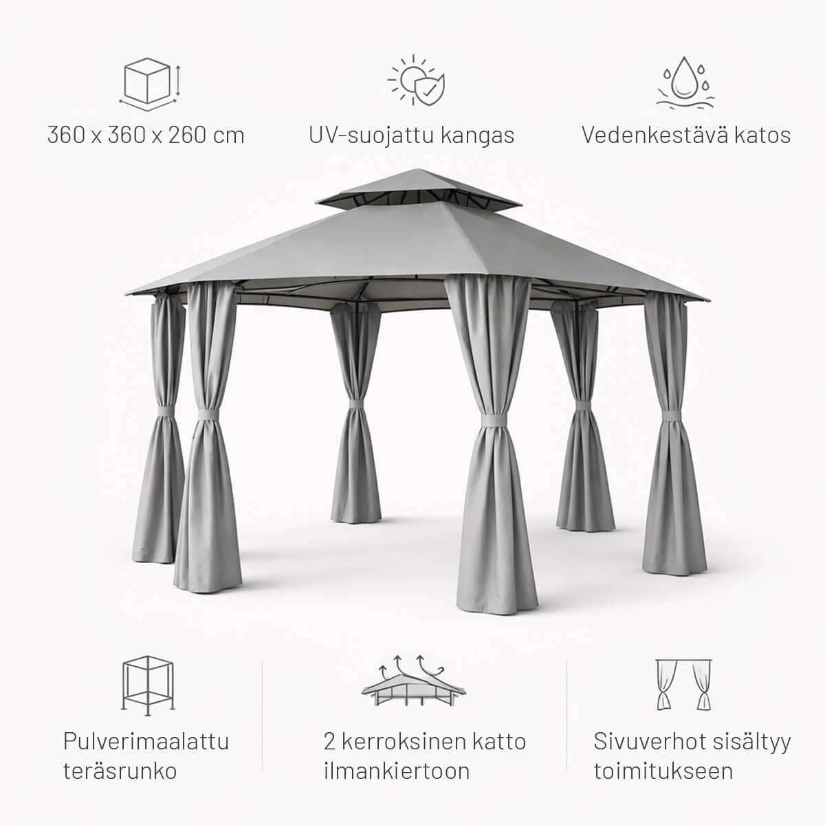 Lund & Leaf Trädgårdstak / Paviljong 360x360x260cm Rund, Grå