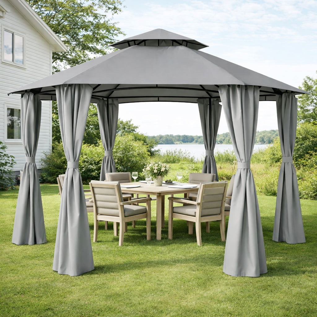 Paviljonki 360 x 360 cm – pyöreä, kaksikerroksinen katto, sivuverhot, harmaa