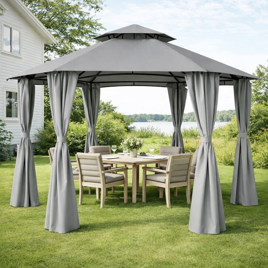 Paviljong 360 x 360 cm – rund, tvåvånings tak, sidogardiner, grå