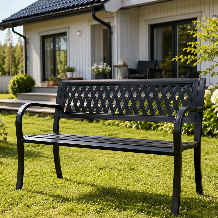 Puutarhapenkki 120 x 53 x 77 cm – teräsrunko, muoviselkänoja, musta