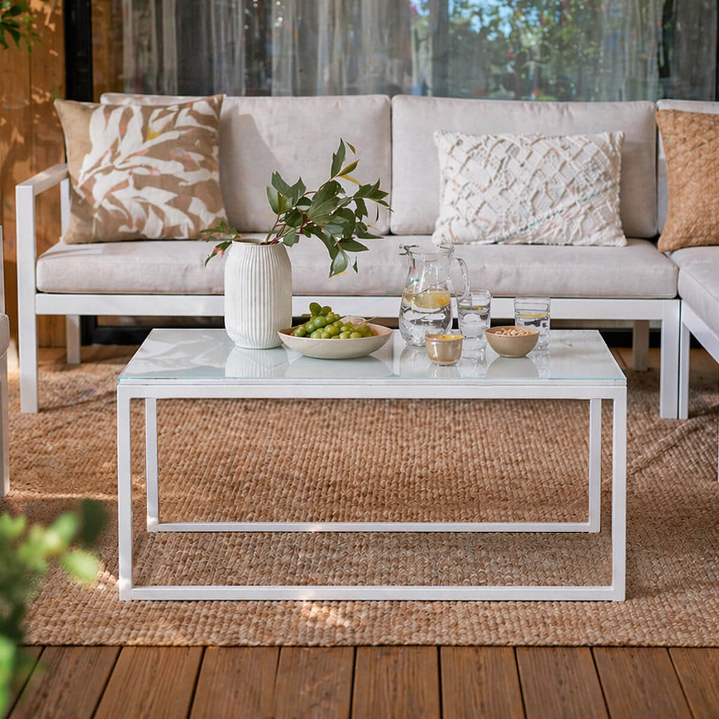 Puutarhapöytä 90 x 60 cm – 5 mm karkaistu lasi, teräsrunko, valkoinen