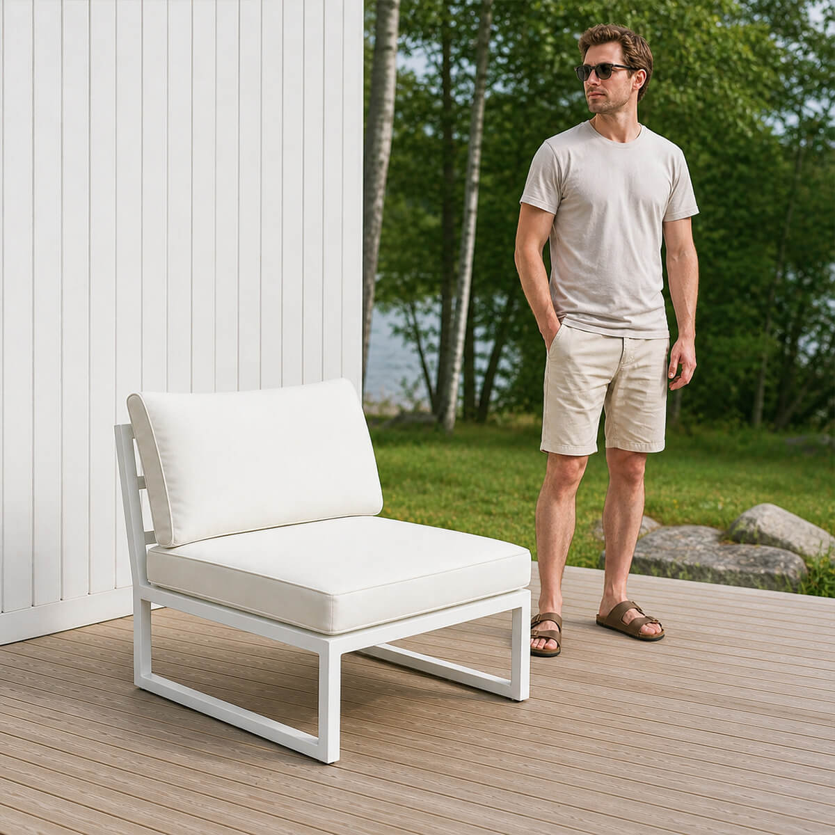 Puutarhatuoli 60 x 75 cm – käsinojaton, 10 cm pehmuste, teräsrunko, valkoinen/vaalea beige