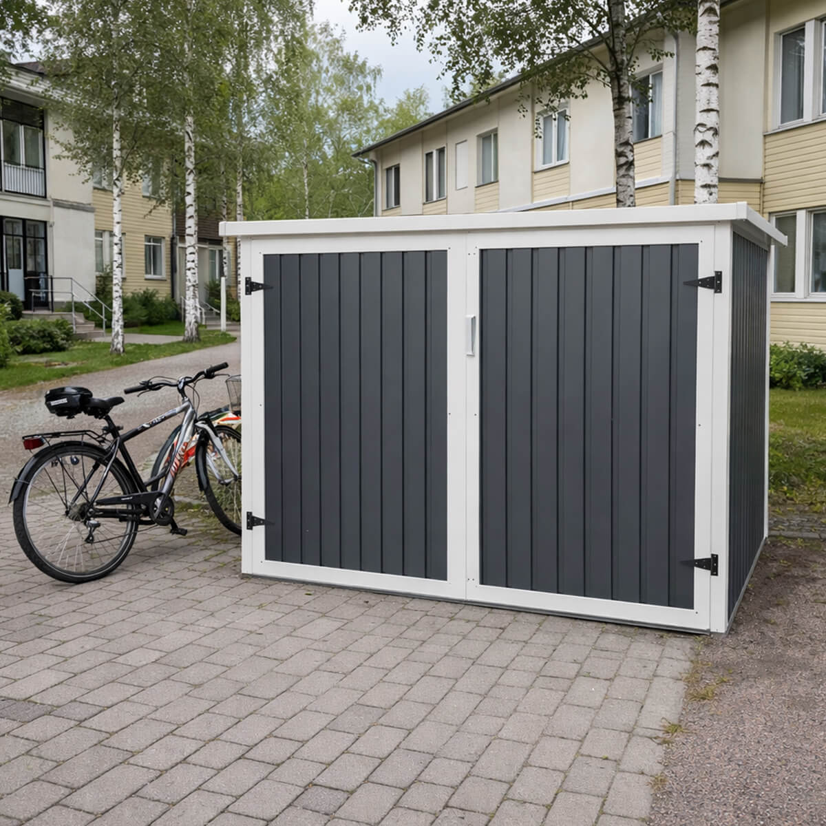 Pyöräkatos 4 pyörälle – 203 x 198 x 157 cm, lukittavat ovet, metallivaja