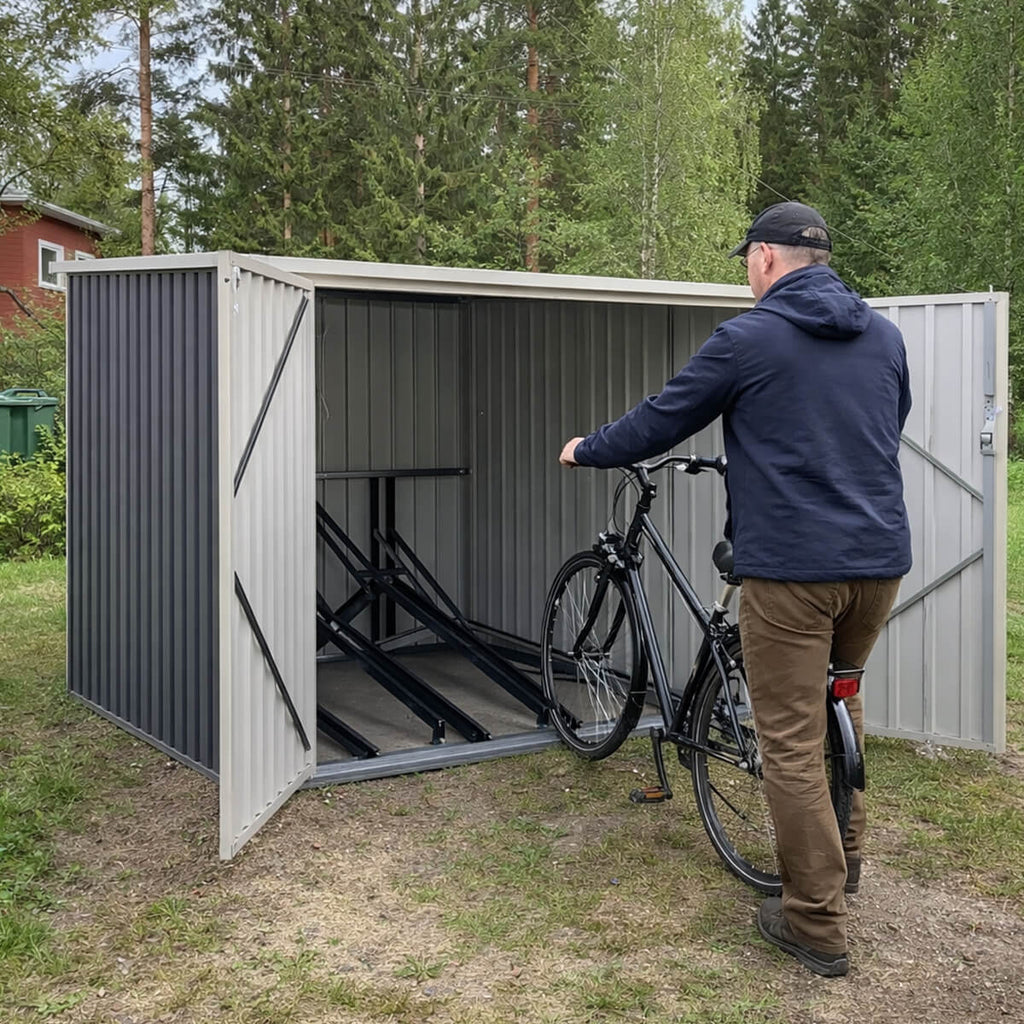 Cykelställ för 4 cyklar – 203 x 198 x 157 cm, låsbara dörrar, metallskjul