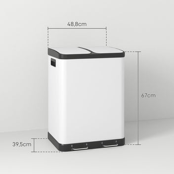 Lajitteluroskakori 2 x 30 l polkimella, irrotettavat sisäastiat kahvoilla, metalli, valkoinen