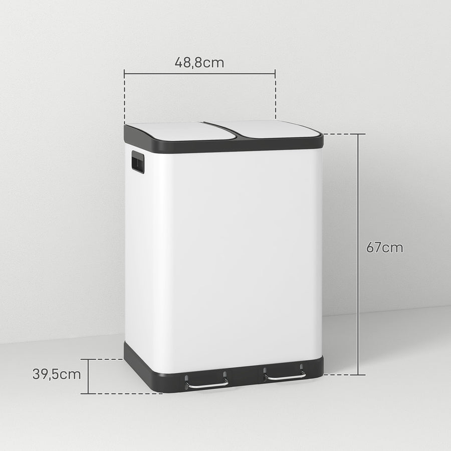 Lajitteluroskakori 2 x 30 l polkimella, irrotettavat sisäastiat kahvoilla, metalli, valkoinen