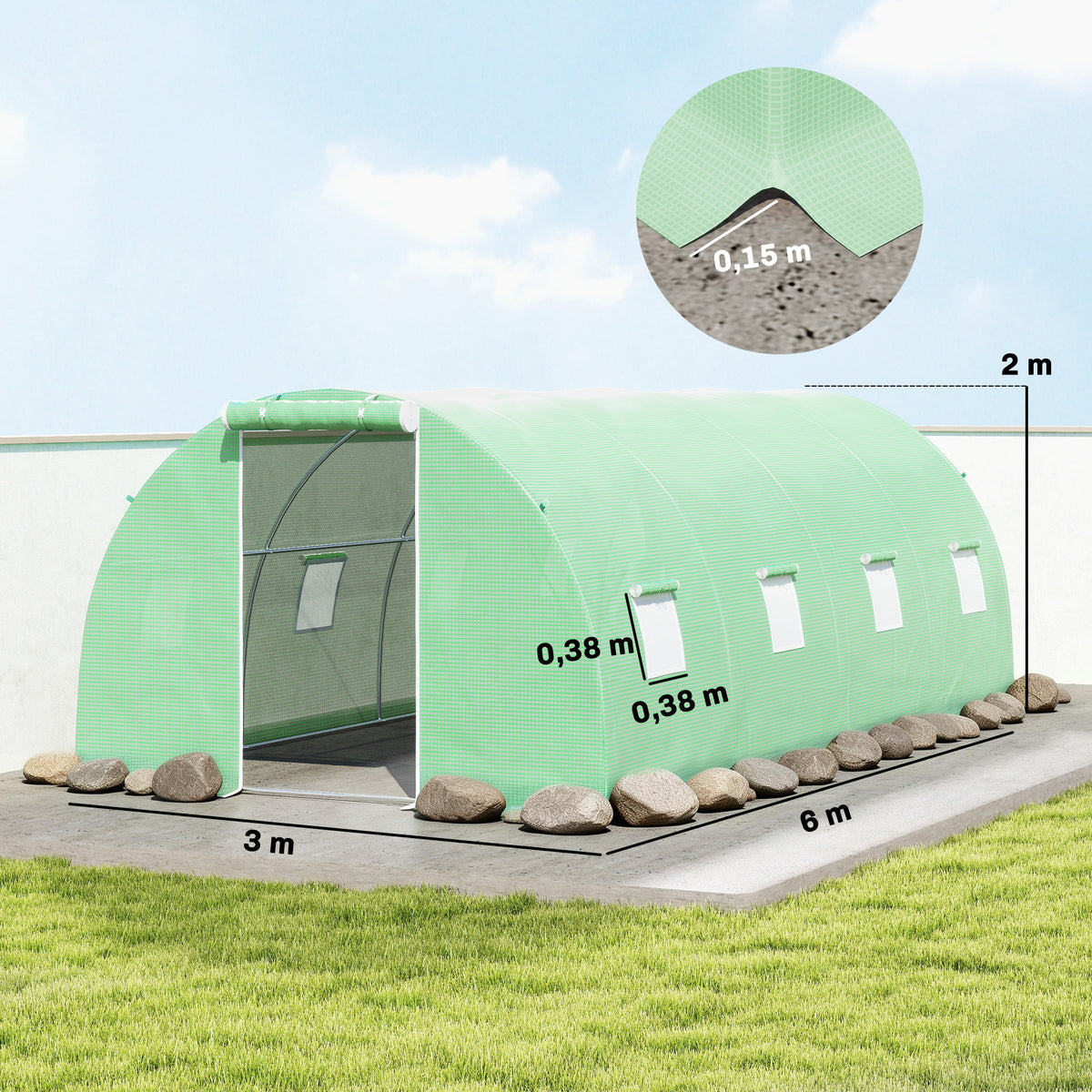Iso tunnelikasvihuone kahdeksalla verkkoikkunalla, 6 x 3 x 2 m, vihreä