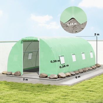 Iso tunnelikasvihuone kahdeksalla verkkoikkunalla, 6 x 3 x 2 m, vihreä
