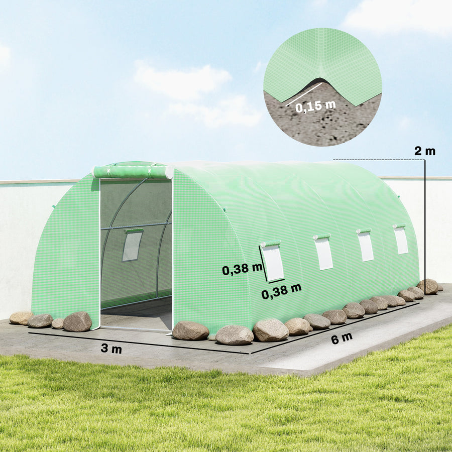 Iso tunnelikasvihuone kahdeksalla verkkoikkunalla, 6 x 3 x 2 m, vihreä