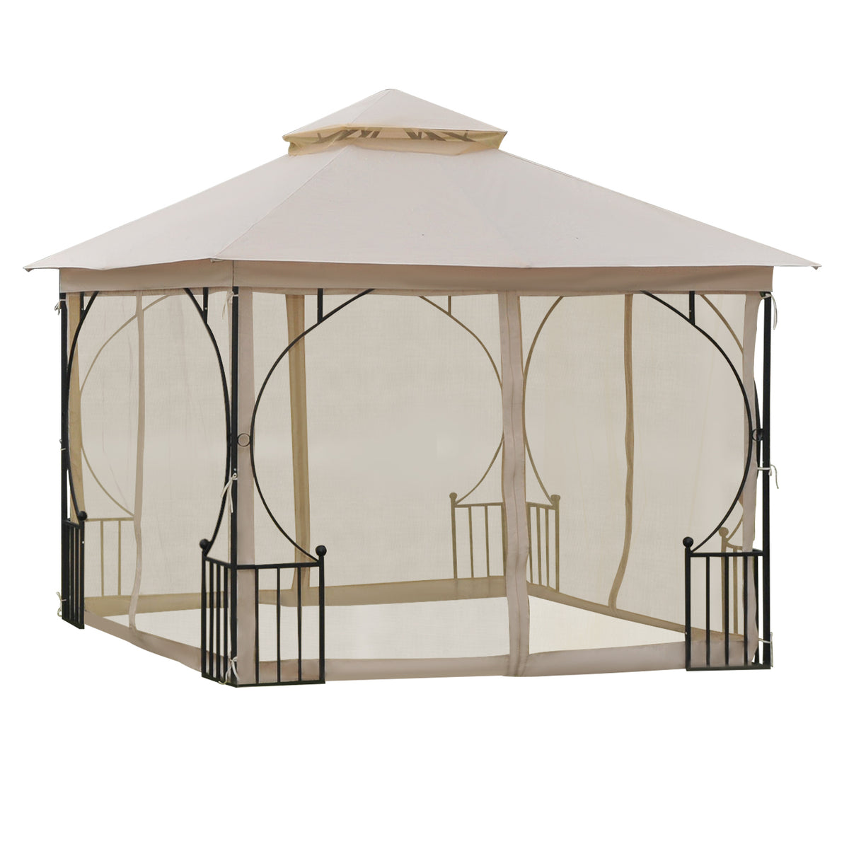 Paviljonki 3 x 3 m hyttysverkkoseinillä ja kaksoiskatolla, beige/musta