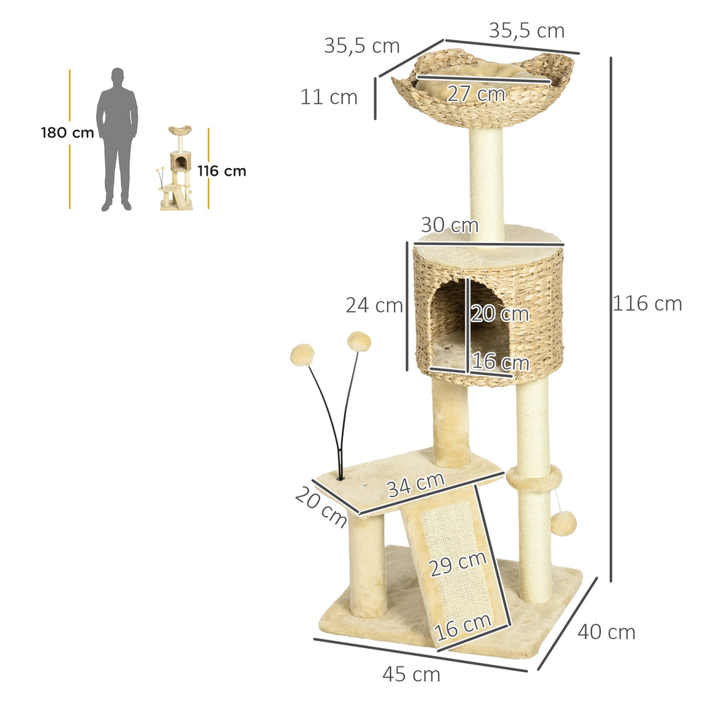 Kissan raapimispuu pesällä, pedillä ja raapimislaudalla, 116 cm, ruskea/beige